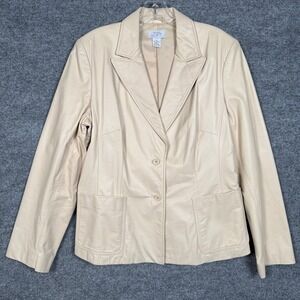 Ann Taylor Loft Size 14 Blazer Jacket Cream Leather Peak Lapel Single Breasted